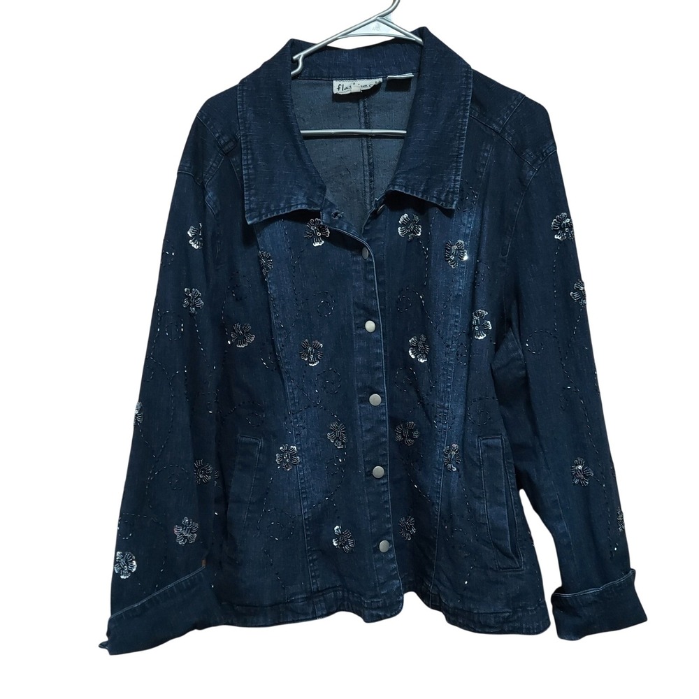 Flashback Womens 2X Denim Jacket Indigo Blue Beaded Floral Sequin Stretch Cotton
